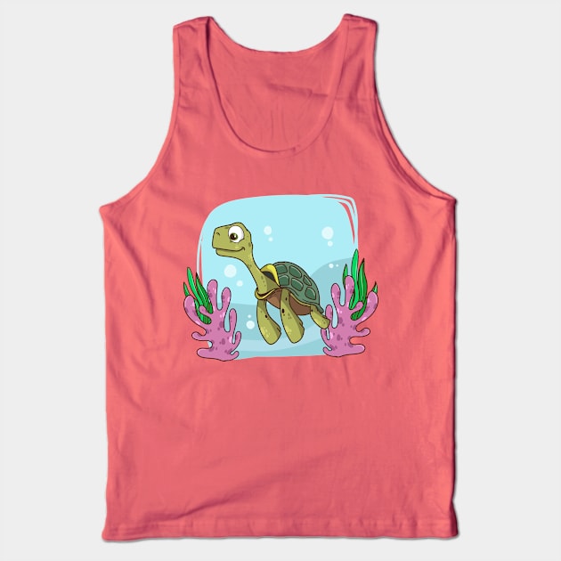 Hand Drawn Sea Turtle Cartoon Tank Top by Mako Design 